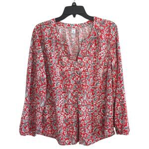 Old Navy Split Neck Long Sleeve Top Red Floral XL